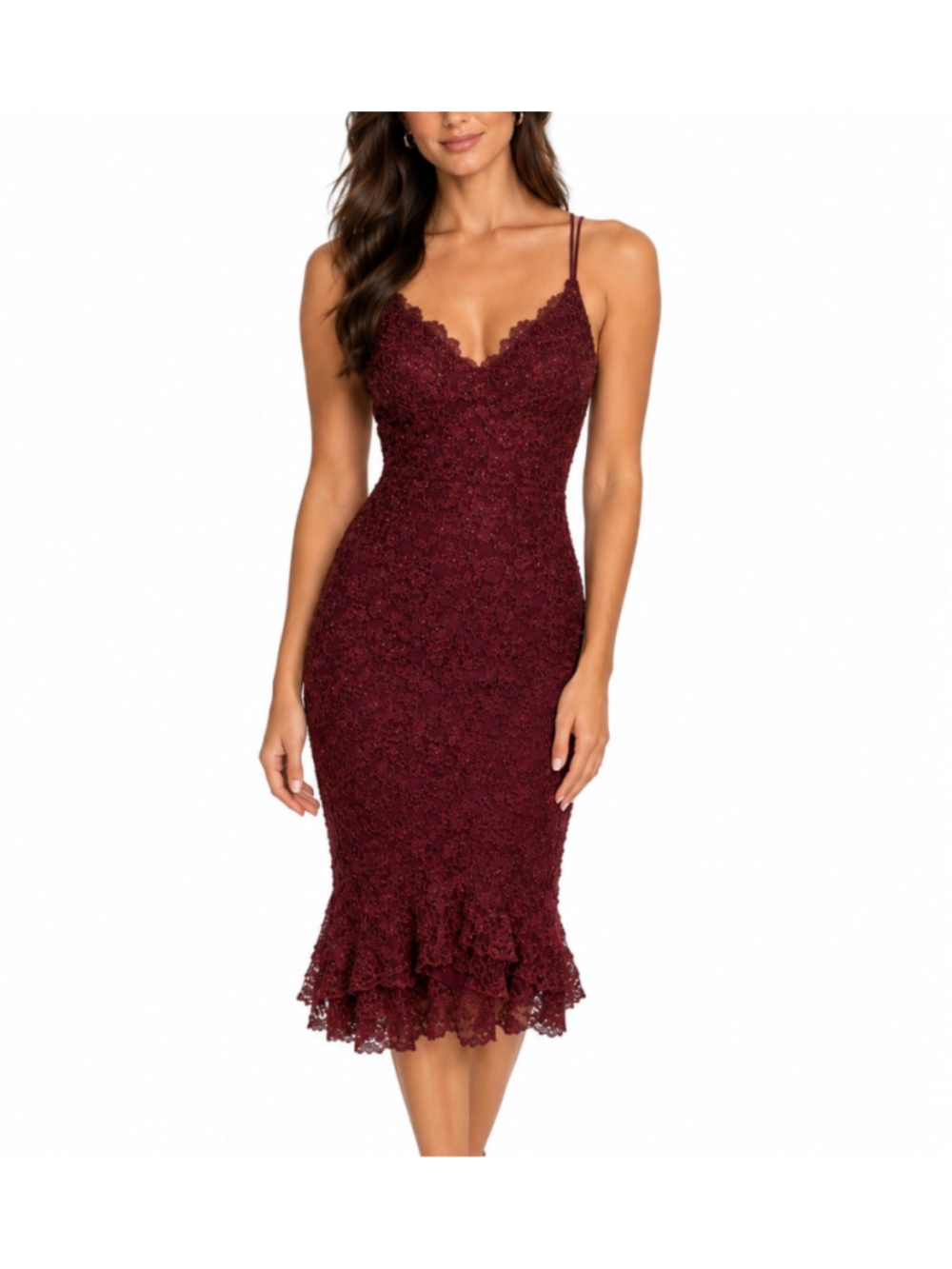 Betsey Johnson Y2k Burgundy Floral Shimmer Lace Midi Dress Size Small